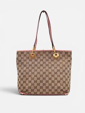Gucci GG Canvas Pink Leather Tote Bag Gold Hardware Shoulder Bag Made in Italy